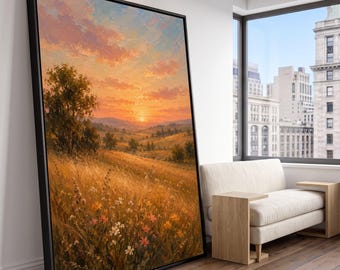 Puede incluir: Un gran cuadro vertical enmarcado que representa una puesta de sol sobre un paisaje ondulado. La pintura muestra un campo dorado con flores silvestres en primer plano, árboles dispersos y un cielo de tonos naranja y rosa vibrantes.