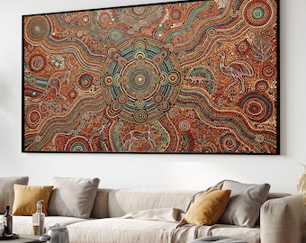 Leinwand mit Punktmalerei der Aborigines, einheimische australische Tiere, Boho-Wandkunst im Stammesstil, Leinwand in Erdtönen, ethnische Wohndekoration, fertig zum Aufhängen
