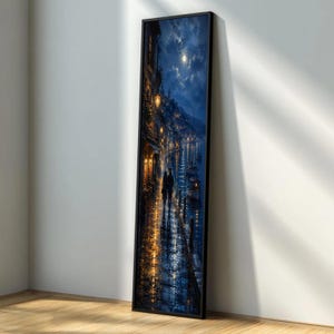 Tall and Thin Romantic Night Stroll Canvas, Moonlit Harbor Walkway Wall Art, Coastal Cityscape Canvas, Evening Lights Reflection Art