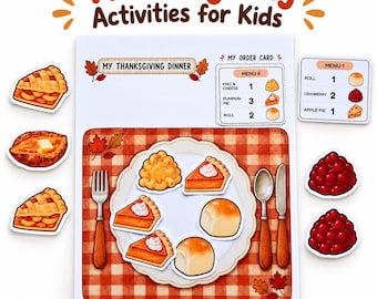 May include: A Thanksgiving activities for kids printable set featuring a My Thanksgiving Dinner placemat with a red checkered pattern, a My Order Card, and various food cutouts including pumpkin pie, rolls, mac and cheese, and cranberries.