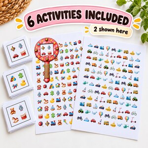 May include: A set of printable activity sheets and cards featuring colourful illustrations of toys and vehicles. The text 6 ACTIVITIES INCLUDED and 2 shown here is visible. The sheets display rows of small icons including robots, cars, boats, and planes.