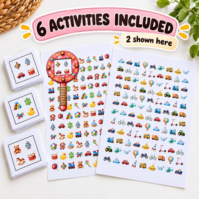 May include: A set of printable activity sheets and cards featuring colourful illustrations of toys and vehicles. The text 6 ACTIVITIES INCLUDED and 2 shown here is visible. The sheets display rows of small icons including robots, cars, boats, and planes.
