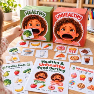 May include: A food sorting activity set featuring two boxes labeled Healthy and Unhealthy with illustrations of children, various food cards including broccoli, apple, banana, carrot, donut, fries, pizza, cookie, chocolate, and soda, and instructional sheets.