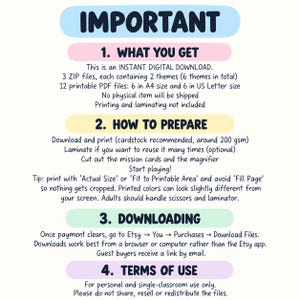 May include: An informational graphic titled IMPORTANT with four sections: 1. WHAT YOU GET, 2. HOW TO PREPARE, 3. DOWNLOADING, and 4. TERMS OF USE. The text details an instant digital download of 3 ZIP files containing 12 printable PDF files in A4 and US Letter sizes.