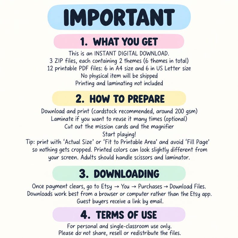 May include: An informational graphic titled IMPORTANT with four sections: 1. WHAT YOU GET, 2. HOW TO PREPARE, 3. DOWNLOADING, and 4. TERMS OF USE. The text details an instant digital download of 3 ZIP files containing 12 printable PDF files in A4 and US Letter sizes.
