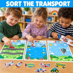 Può includere: Tre fogli di attività educative etichettati Land, Sea e Sky con illustrazioni colorate di strade, acqua e nuvole. I fogli presentano percorsi tratteggiati per posizionare ritagli di veicoli come un'auto rossa, una barca a vela e una mongolfiera.