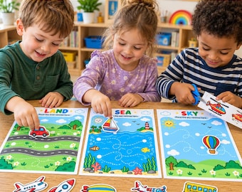 May include: Three educational activity sheets labelled Land, Sea, and Sky with colourful illustrations of roads, water, and clouds. The sheets feature dotted paths for placing vehicle cutouts like a red car, sailboat, and hot air balloon.