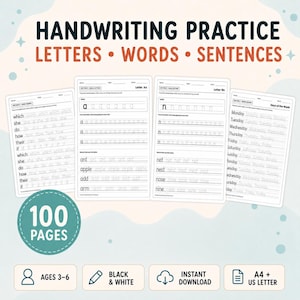 Op de afbeelding: Een handschrift-oefenboek met 100 pagina's voor letters, woorden en zinnen. De omslag toont vier voorbeeldpagina's met overtrek-oefeningen voor woorden, de letters Aa en Nn, en de dagen van de week. Bevat iconen voor leeftijd 3-6, zwart-wit formaat, directe download en A4 plus US Letter formaten.