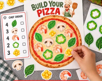 May include: A Build Your Pizza preschool maths activity set featuring a large pizza illustration, a Chef Order card with ingredient counts, and various cut-out toppings like shrimp, mushrooms, corn, peppers, and basil leaves on paper sheets.