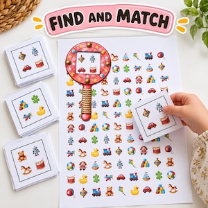 Puede incluir: Una hoja de actividades Find and Match con una cuadrícula de ilustraciones de juguetes coloridos, un gráfico de lupa roja y tres pilas de tarjetas cuadradas con iconos de juguetes a juego, más una tarjeta sostenida para comparar.