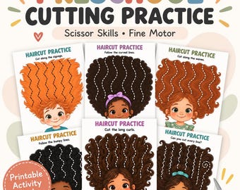 May include: A preschool cutting practice activity pack featuring six printable sheets with illustrations of children with various hairstyles. Each sheet includes the text Haircut Practice and dashed lines for children to follow with scissors.