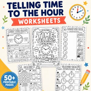 May include: A set of educational worksheets titled Telling Time to the Hour, featuring black and white activity pages with clock illustrations, animal characters, and exercises for matching times, elapsed time, and games for learning to tell time.