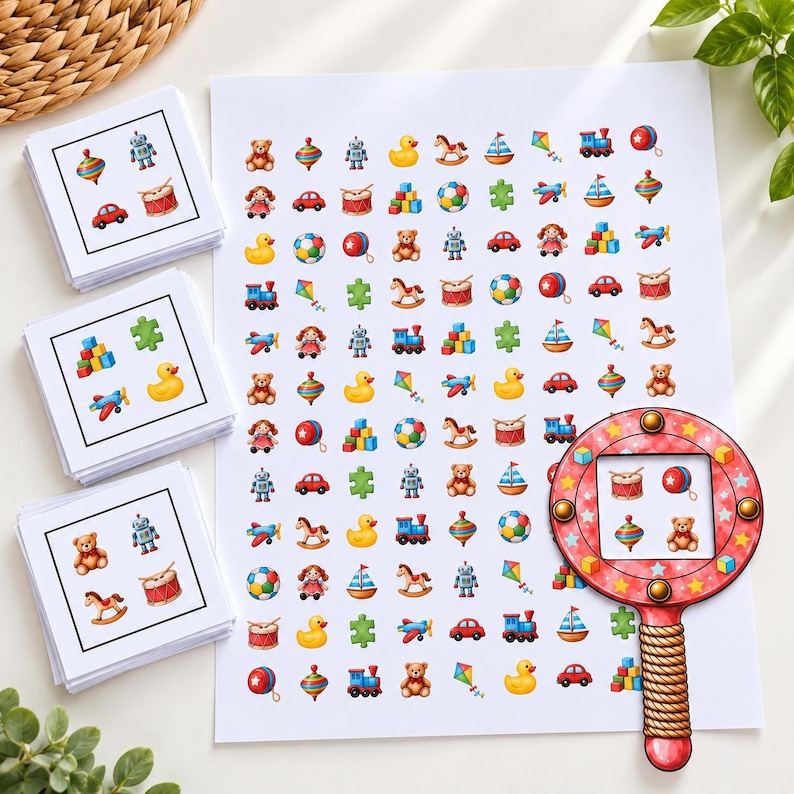 May include: A set of three stacks of square cards and a large rectangular sheet, all featuring colourful illustrations of toys like teddy bears, robots, rubber ducks, trains, and cars. A round magnifying glass tool with a red star pattern is included.