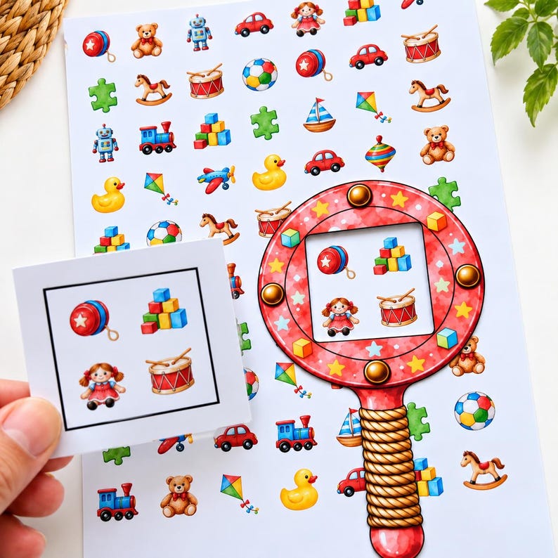 May include: A white sheet of paper featuring a repeating pattern of colourful toy illustrations including teddy bears, trains, rubber ducks, and kites. A red magnifying glass graphic and a separate square card both display a matching set of four toys.