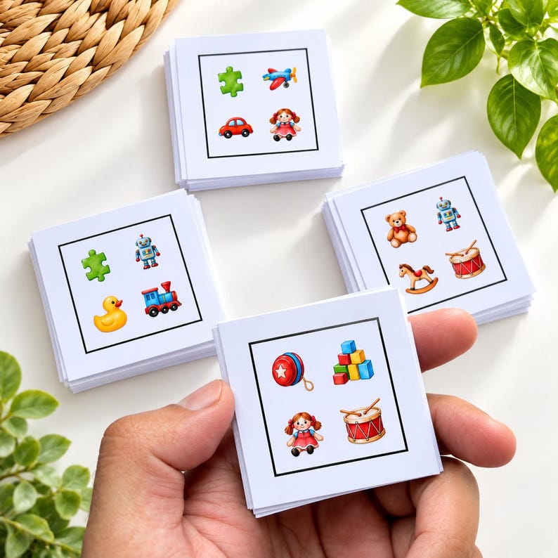 May include: A set of square white cards featuring colourful illustrations of various toys including a puzzle piece, aeroplane, car, doll, robot, rubber duck, train, teddy bear, rocking horse, drum, yo-yo, and building blocks, each enclosed in a black border.