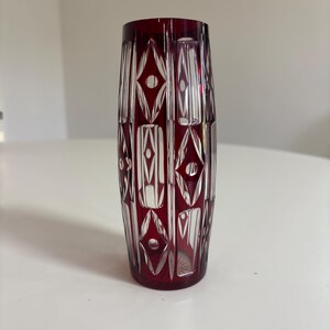 Vintage Bohemian Ruby Cut to Clear Crystal Vase, Geometric Art Deco Style Red Flashed Glass, Czech Mid Century Modern Art Glass 15cm