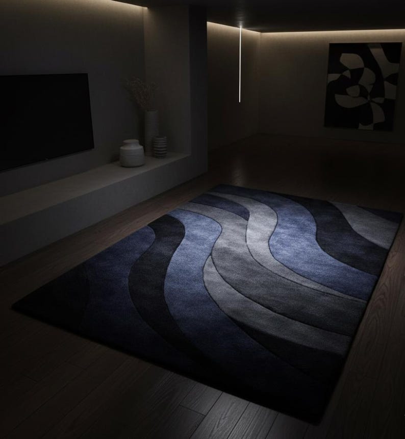 Blue Wavy Pattern Rug Luxury Navy Blue Abstract Rug, Hand Tufted Wool Area Carpet, Modern ...