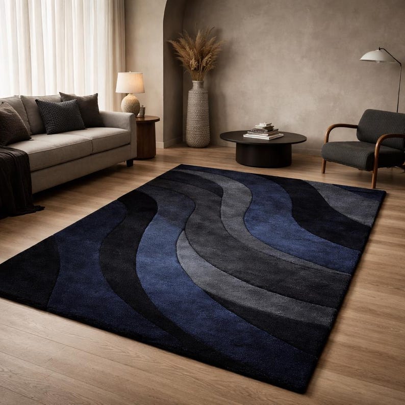 Blue Wavy Pattern Rug Luxury Navy Blue Abstract Rug, Hand Tufted Wool Area Carpet, Modern ...