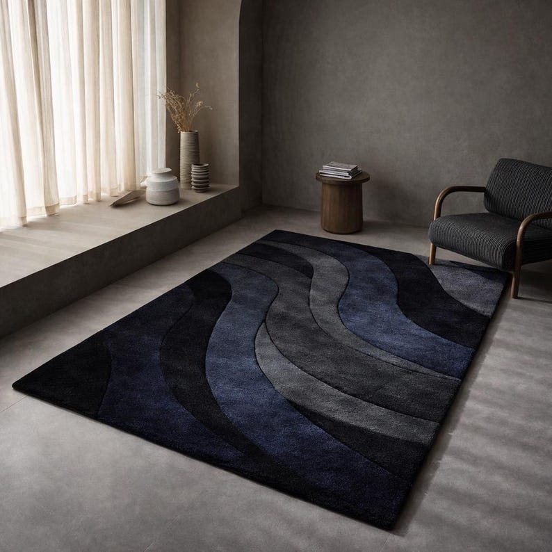 Blue Wavy Pattern Rug Luxury Navy Blue Abstract Rug, Hand Tufted Wool Area Carpet, Modern ...
