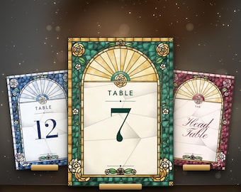 Numéros de table en vitrail à imprimer, Numéros de table de mariage style cathédrale (1 à 40), Panneaux de table arqués, Décoration de mariage aux couleurs chatoyantes, Téléchargement