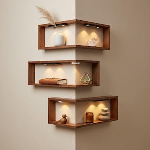 Op de afbeelding: Drie houten hoekplanken boven elkaar gemonteerd aan een muur, elk voorzien van geïntegreerde warme LED-verlichting. De planken bevatten decoratieve items zoals een witte vaas met gedroogd gras, een lederen boek, een geometrisch terrarium en stenen.