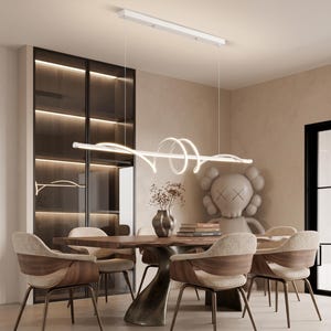 May include: A linear white LED pendant light fixture suspended from the ceiling by thin wires, featuring a central horizontal bar with integrated curved, looping light elements that create a continuous, fluid, and glowing illuminated design.
