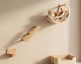 Mensole da parete per gatti, set in legno naturale con tiragraffi in sisal e amaca in tessuto.