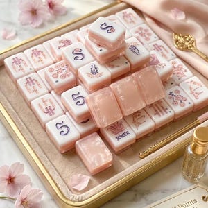 Może przedstawiać: Zestaw do gry w Mahjong z białymi płytkami ozdobionymi różowymi i fioletowymi motywami kwiatowymi, cyframi oraz napisem Joker. Płytki mają półprzezroczystą różową podstawę i są ułożone na złotej tacy. Etykieta zawiera napis Petals & Points - Luxury Mahjong Set.