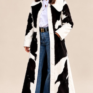 Women’s Black and White Cow Print Long Coat, Statement Overcoat, Oversized White Collar, Full Length Winter Fashion