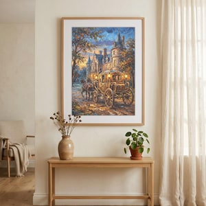 Stampa di un dipinto ad olio raffigurante una carrozza di un castello fiabesco, poster stampabile per pareti in stile Regencycore con tema "Ora d'oro", download digitale per decorazioni in stile antico.