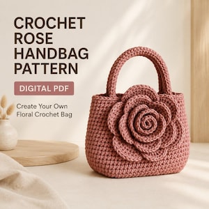 Puede incluir: Un bolso de mano de ganchillo en color rosa empolvado con una gran aplicación de rosa tridimensional en la parte delantera y dos asas resistentes. El texto dice: CROCHET ROSE HANDBAG PATTERN, DIGITAL PDF, Create Your Own Floral Crochet Bag. El bolso tiene un punto texturizado.