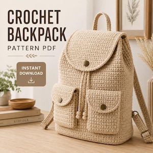 May include: A beige crochet backpack with a top flap, two front pockets, and adjustable straps. The text reads CROCHET BACKPACK PATTERN PDF and INSTANT DOWNLOAD with a downward arrow icon. The backpack features metallic button closures.