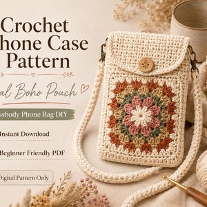Puede incluir: Un bolso bandolera para teléfono hecho a ganchillo en color crema con un motivo cuadrado central que presenta un diseño floral multicolor en tonos rosa, verde y óxido. El bolso tiene una solapa con cierre de botón de madera y una correa larga.