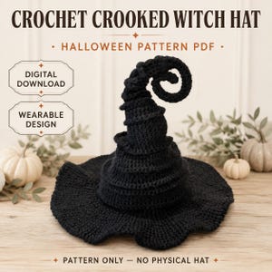 Peut inclure: Un chapeau de sorcière noir au crochet avec une pointe courbée. Le texte indique : CROCHET CROOKED WITCH HAT, HALLOWEEN PATTERN PDF, DIGITAL DOWNLOAD, WEARABLE DESIGN, PATTERN ONLY - NO PHYSICAL HAT. Le chapeau présente un large bord ondulé.