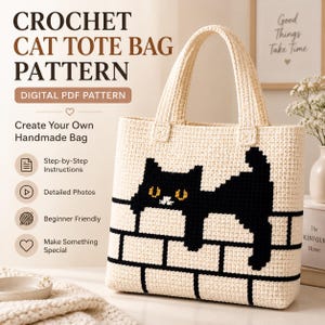 Patrón Crochet Bolsa de Gato PDF, Tote Bag de Gato Negro a Crochet, Tutorial de Bolsa Hecha a Mano, Descarga Digital