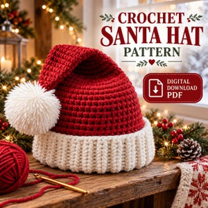 Könnte beinhalten: Eine rote gehäkelte Weihnachtsmannmütze mit weißem Rippenbündchen und einem großen weißen Bommel. Der Text lautet CROCHET SANTA HAT PATTERN und DIGITAL DOWNLOAD PDF. Ein rotes Garnknäuel und eine goldene Häkelnadel liegen auf einer Holzoberfläche.