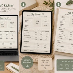 May include: A digital PoD calculator spreadsheet displayed on a laptop screen, a tablet, and a printed document. The interface features tables for product costs, fees, and profit margins in Euros, with text labels including PoD Rechner.