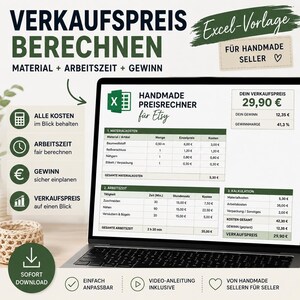 Pode incluir: Uma tela de laptop exibindo uma planilha do Excel intitulada Handmade Preisrechner for Etsy, com tabelas para custos de materiais, tempo de trabalho e cálculos de lucro. A interface inclui texto em alemão e detalhes em verde.