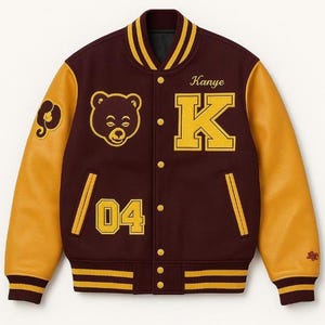 Kanye Inspired Varsity Jacket | Brown Wool Blend, Gold Faux Leather Sleeves, Embroidered Patches