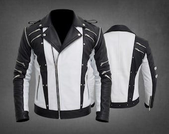 May include: A black and white motorcycle jacket featuring a notched lapel, an asymmetrical front zipper, and multiple silver-toned metal zippers on the chest and sleeves. The design includes vertical color-blocked panels and silver metal studs.