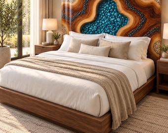 Blue Crystal Epoxy Resin Bed, Swirl Burl Wood Headboard, Handmade Wooden Platform Bed, Luxury Geode Inspired Bedroom Furniture