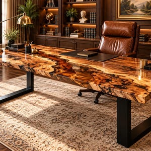 May include: A large rectangular desk featuring a live-edge wood slab surface with a glossy resin inlay that mimics a river, supported by two black metal U-shaped legs. The desk surface displays natural wood grain patterns in shades of brown.