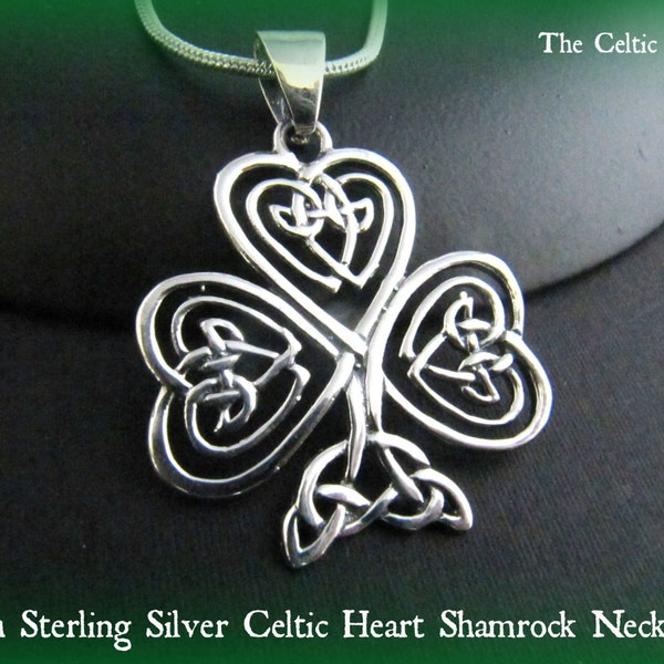 Large Sterling Silver Irish Heart Shamrock Celtic Necklace
