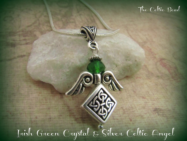 Irish Green Crystal and Silver Celtic Knot Angel Necklace