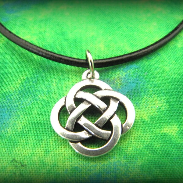 Beautiful Silver Celtic Irish Knot Necklace on Black Leather Cording