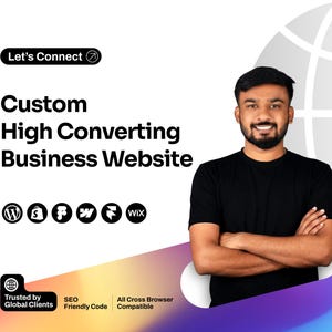 Peut inclure: Une publicité numérique montrant une personne aux bras croisés, vêtue d'un t-shirt noir. Le texte indique : Let's Connect, Custom High Converting Business Website, Trusted by Global Clients, SEO Friendly Code, et All Cross Browser Compatible.