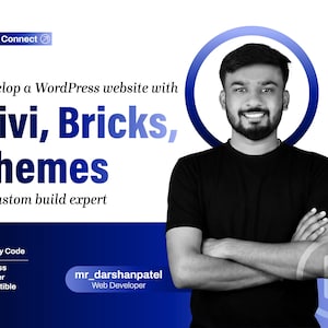May include: A promotional graphic featuring a person with arms crossed, text stating "develop a WordPress website with Divi, Bricks, Themes or custom build expert," "Let's Connect," "SEO Friendly Code," "All Cross Browser Compatible," and "mr_darshanpatel."