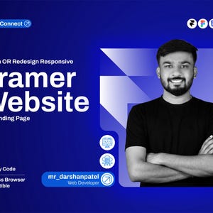 Könnte beinhalten: Eine digitale Werbegrafik mit blauem Farbverlauf und einem schwarz-weißen Porträt einer Person mit verschränkten Armen. Der Text enthält Design OR Redesign Responsive Framer Website OR Landing Page, SEO Friendly Code und mr_darshanpatel.