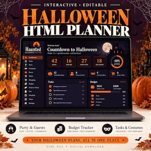May include: A laptop screen displays an interactive Halloween HTML planner dashboard with a countdown timer, task list, and budget tracker. The interface features dark themes with orange accents, showing text like "Countdown to Halloween" and "Haunted Halloween Planner" alongside icons for party planning, costumes, and shopping.