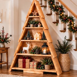 May include: A triangular wooden shelving unit shaped like a Christmas tree with five horizontal shelves. The shelves are decorated with various holiday items including a white deer figurine, a black lantern, small evergreen trees, and wrapped gifts.